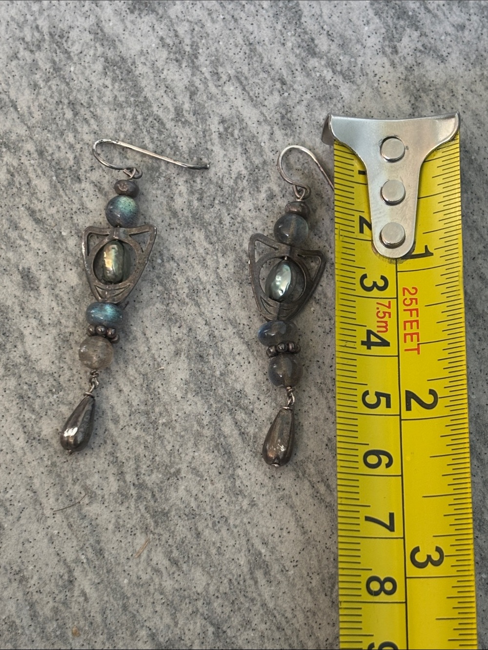 Real Black Pearls and genuine Labradorite Drop Earrings Blue-Green Sheen Vintage - Picture 2 of 4